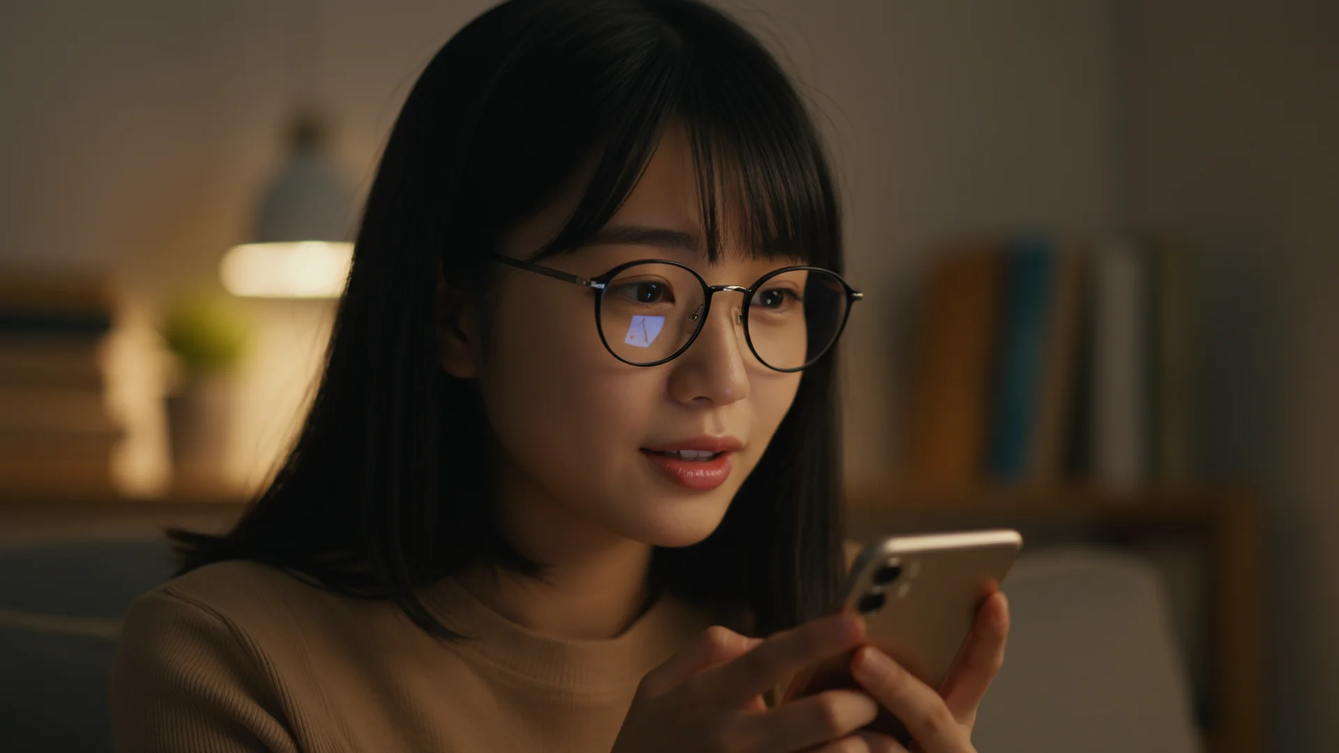 Woman With Glasses Using Smartphone At Night