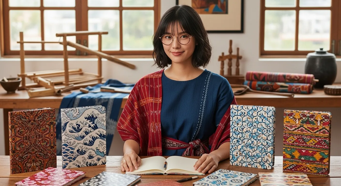 Woman With Handmade Notebooks In Studio