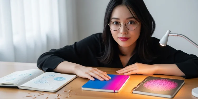Woman With Notebooks And Desk Lamp