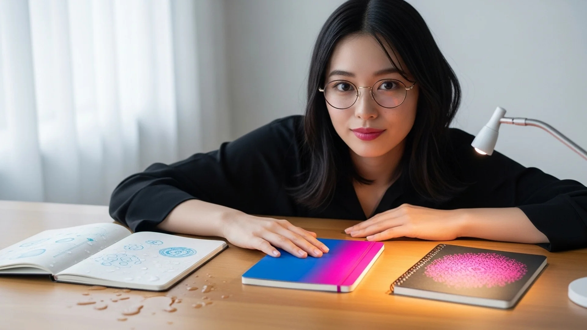 Woman With Notebooks And Desk Lamp