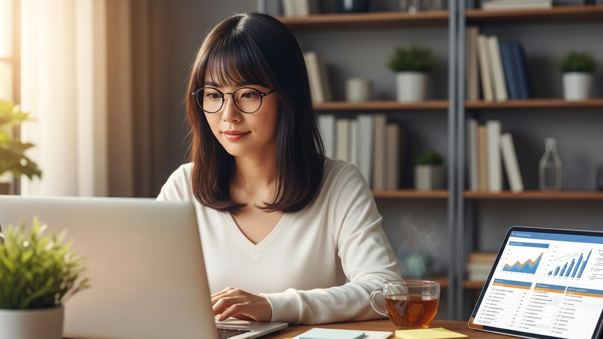 Woman Working On Laptop Data Analysis