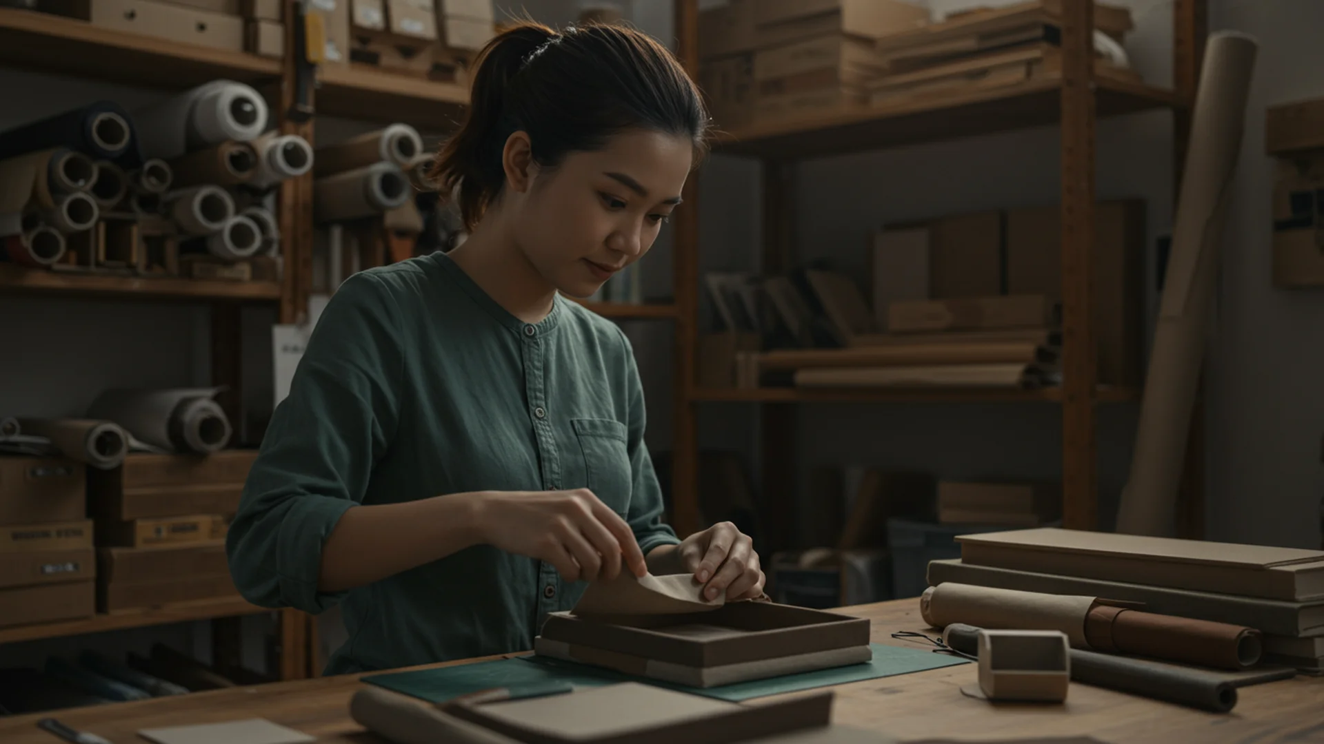 Woman Wrapping Gift In Workshop Box