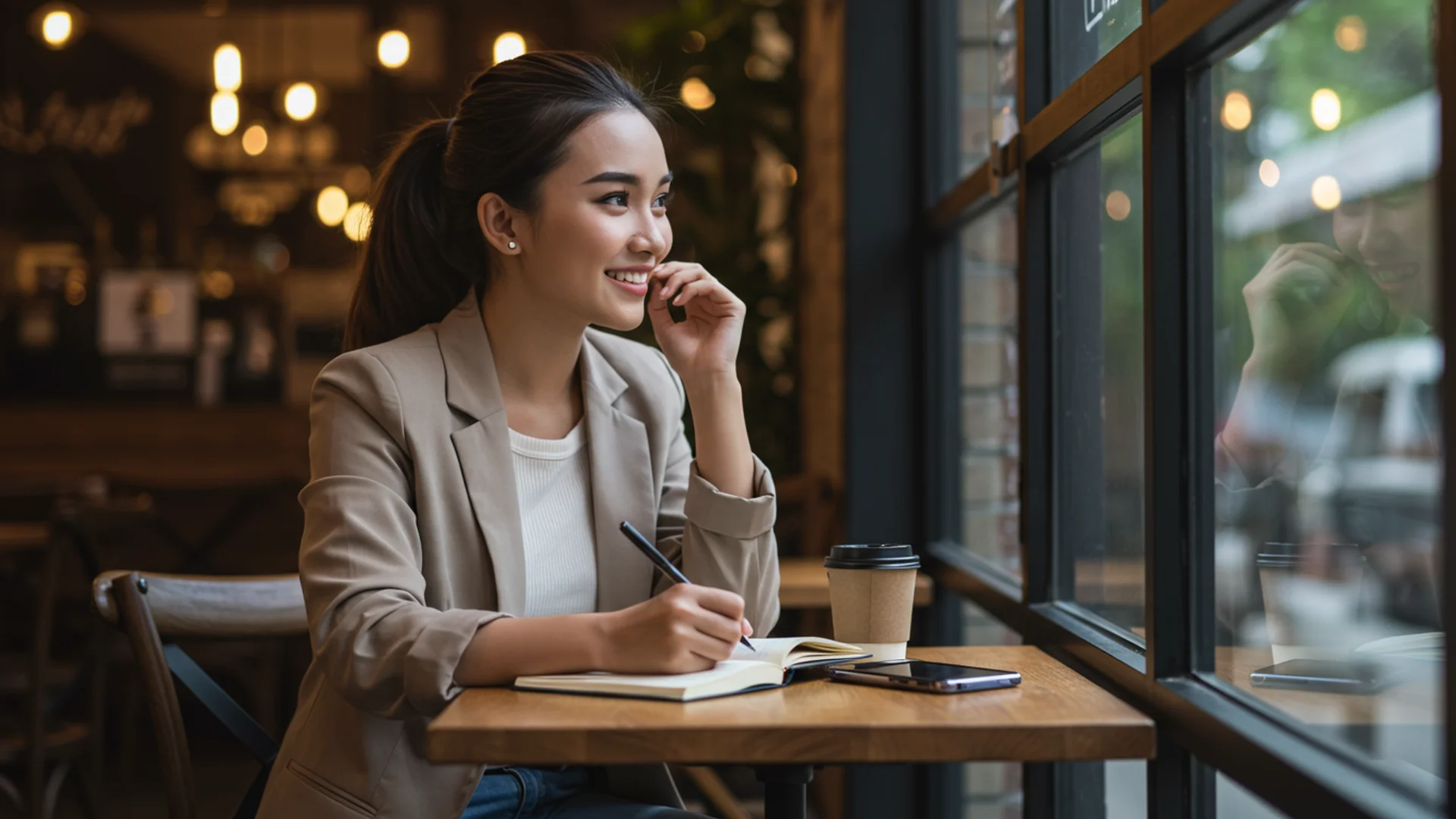 Woman Writing In Cafe Near Window
