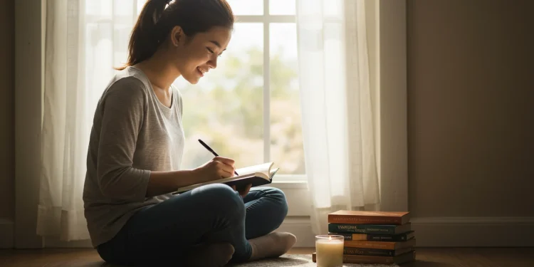 Woman Writing In Journal By Window Candle