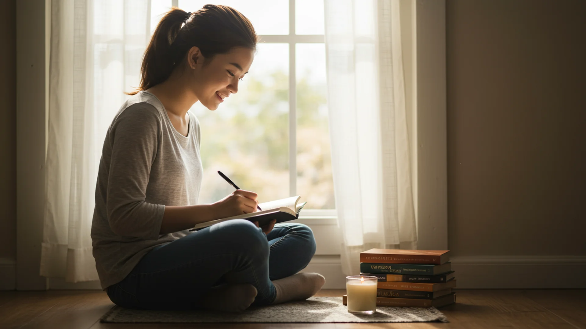 Woman Writing In Journal By Window Candle