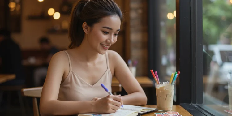 Woman Writing In Journal Cafe Window