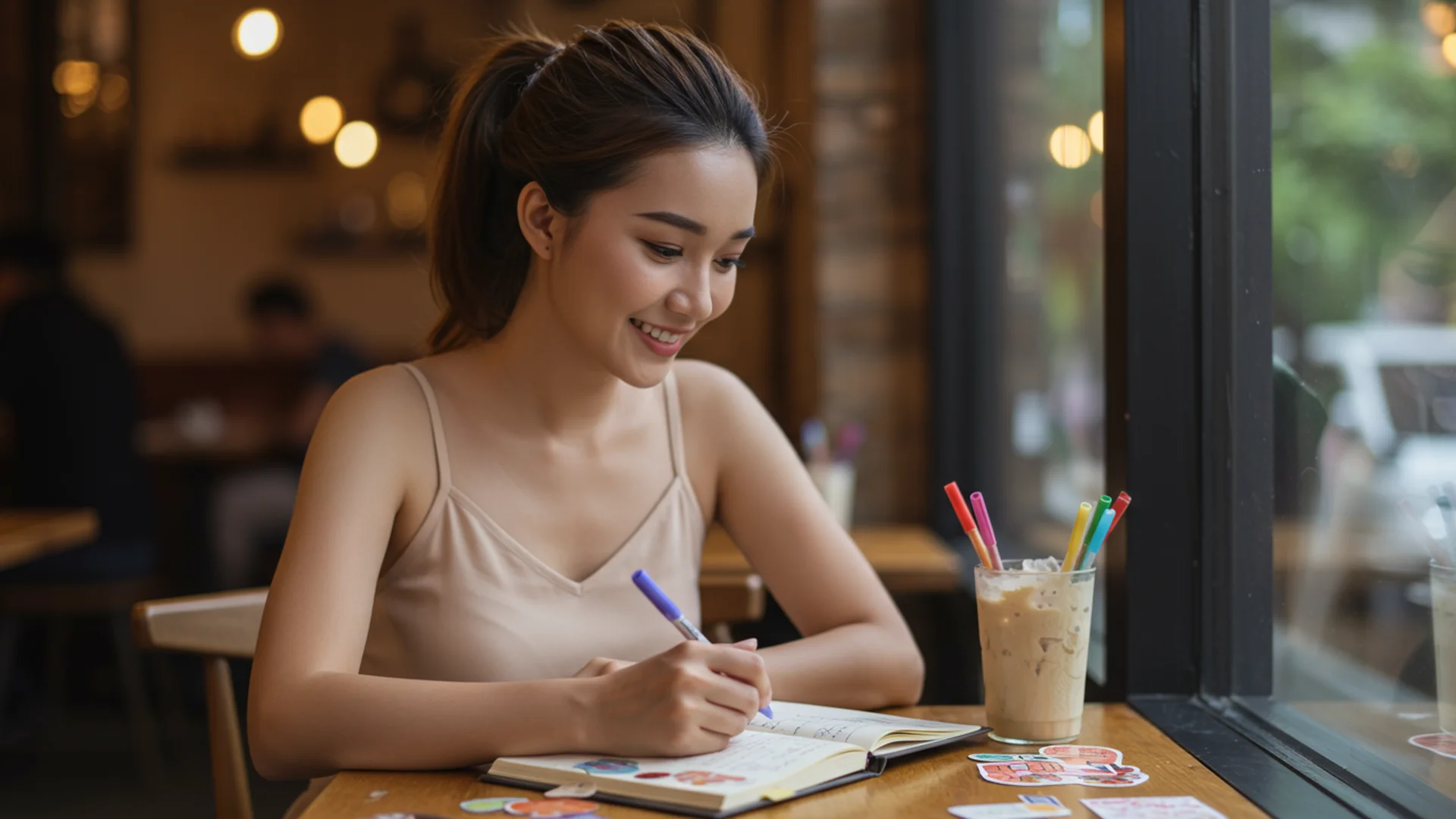 Woman Writing In Journal Cafe Window