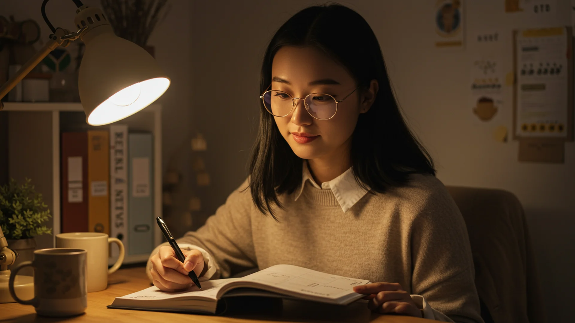 Woman Writing In Notebook At Night Desk Lamp
