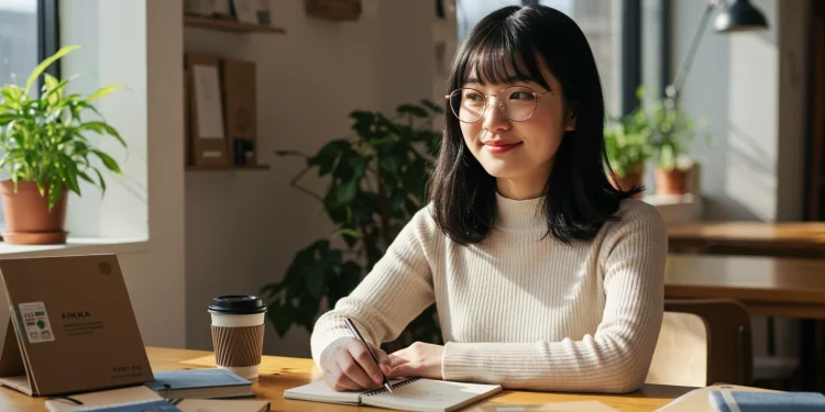 Woman Writing In Notebook Cafe Sunlight