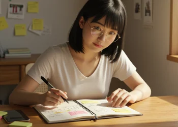 Woman Writing In Planner At Desk Sunlight