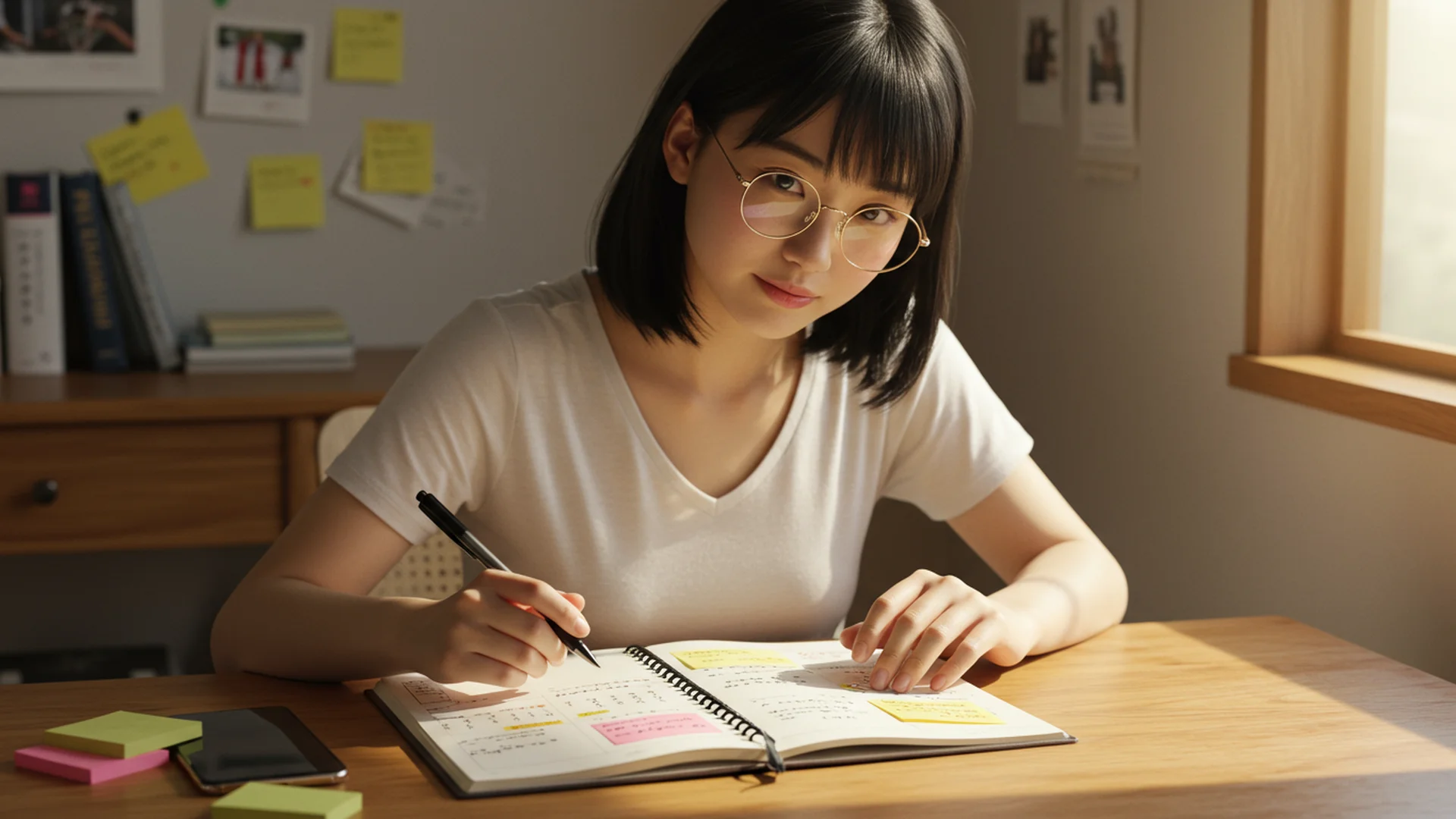 Woman Writing In Planner At Desk Sunlight