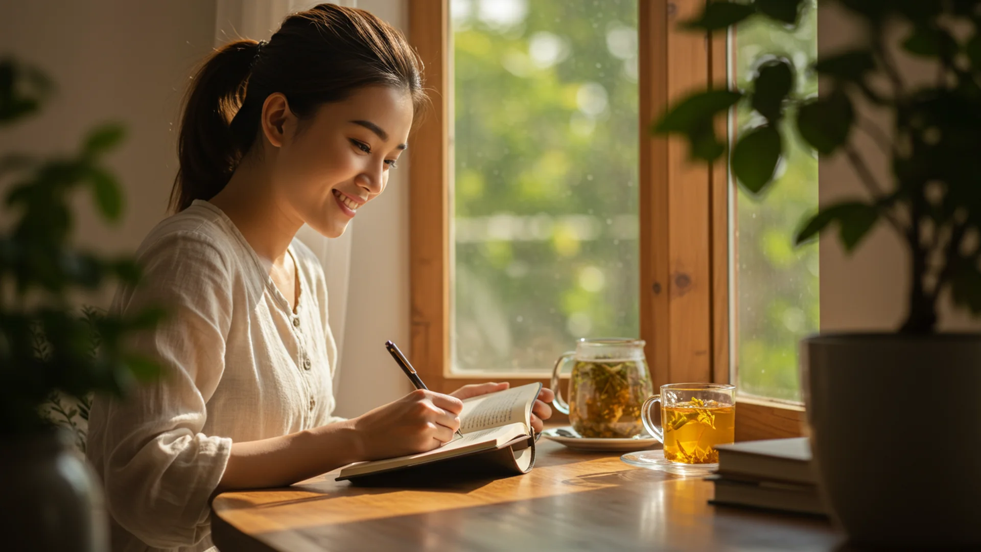 Woman Writing Journal Tea Window Sunlight