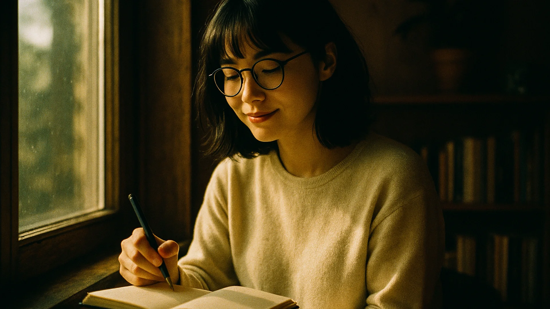 Woman Writing Notebook By Window Library