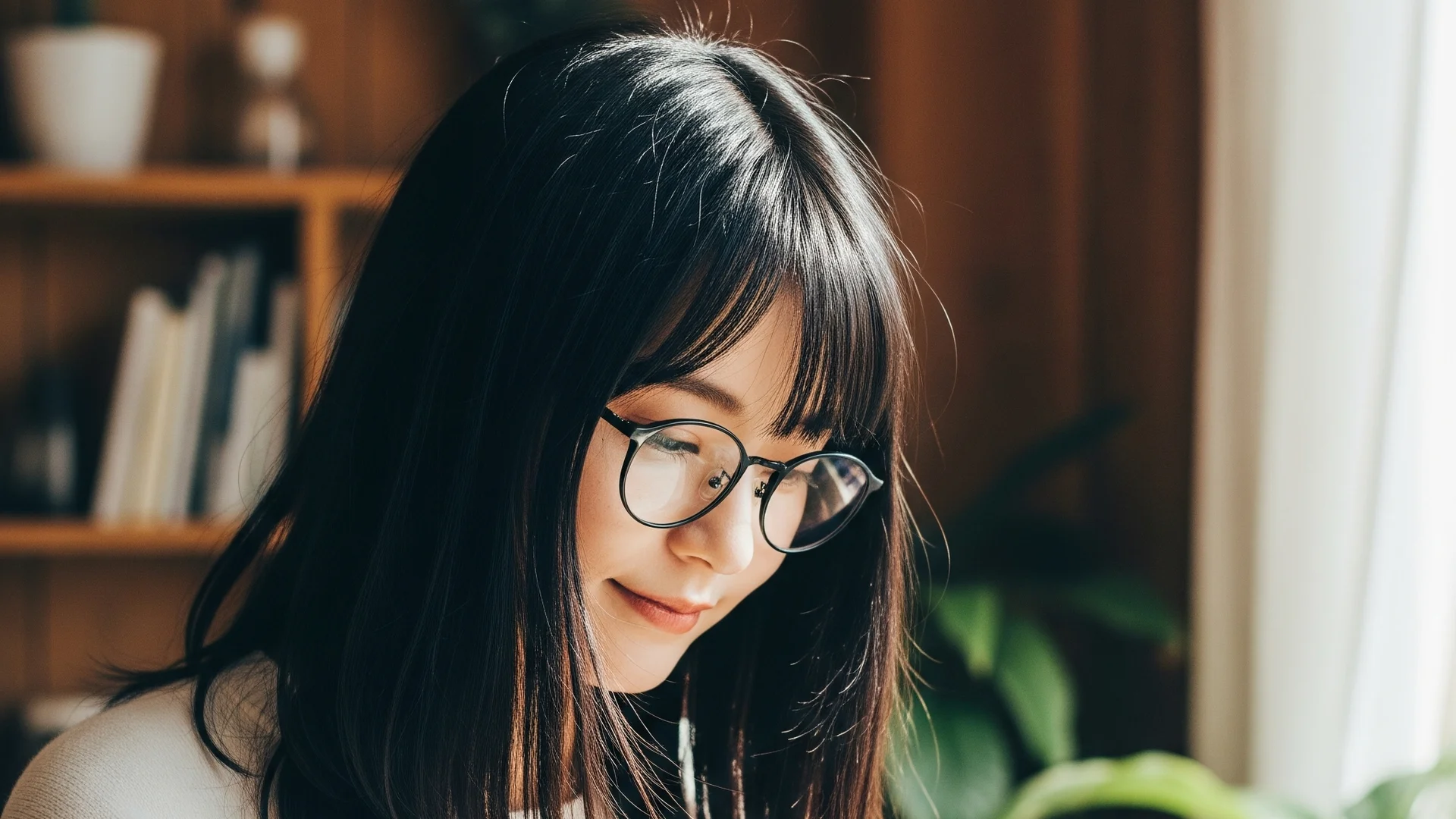 Woman Writing Notebook Glasses Home