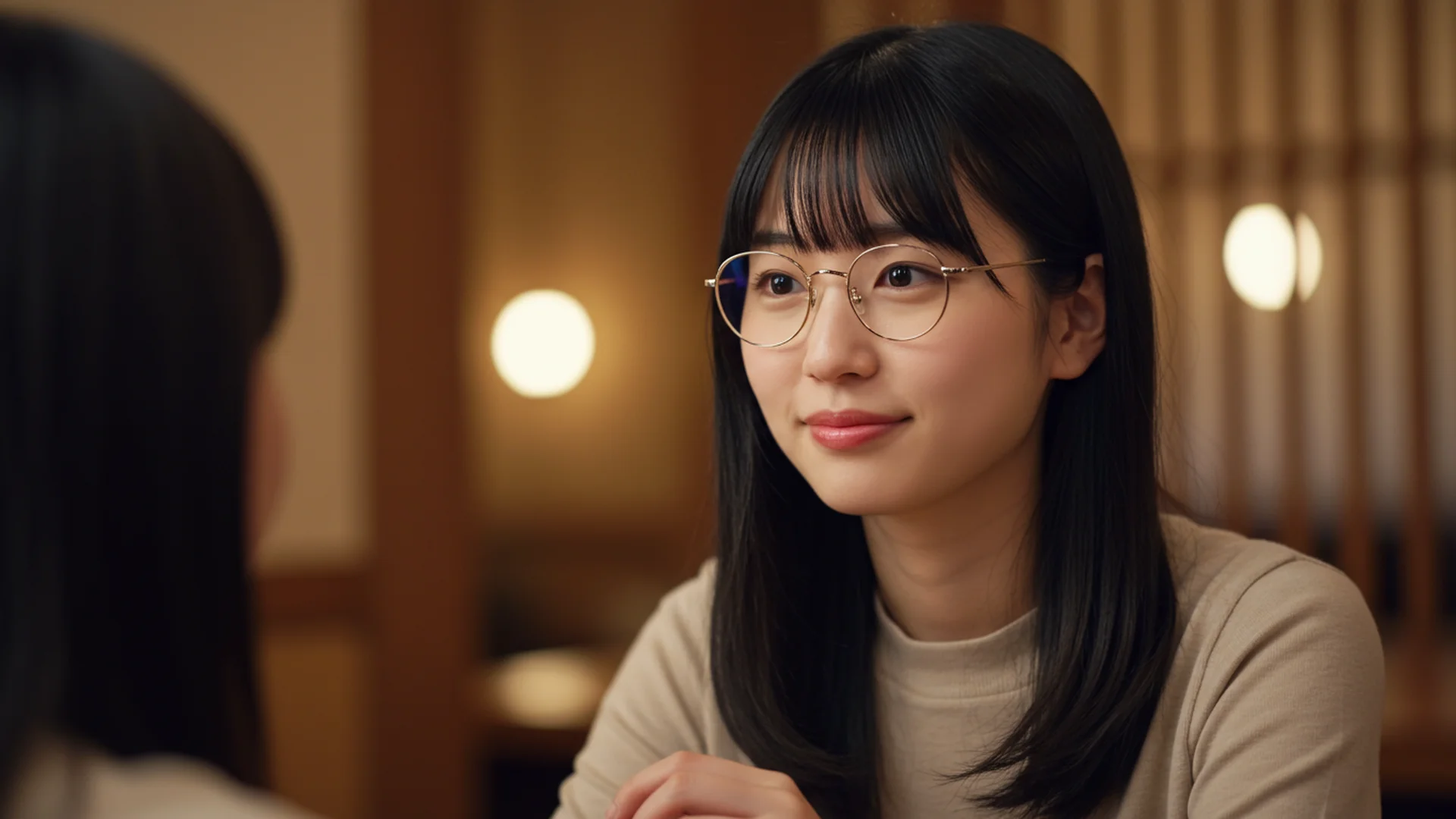 Young Woman Glasses Indoors Portrait Conversation