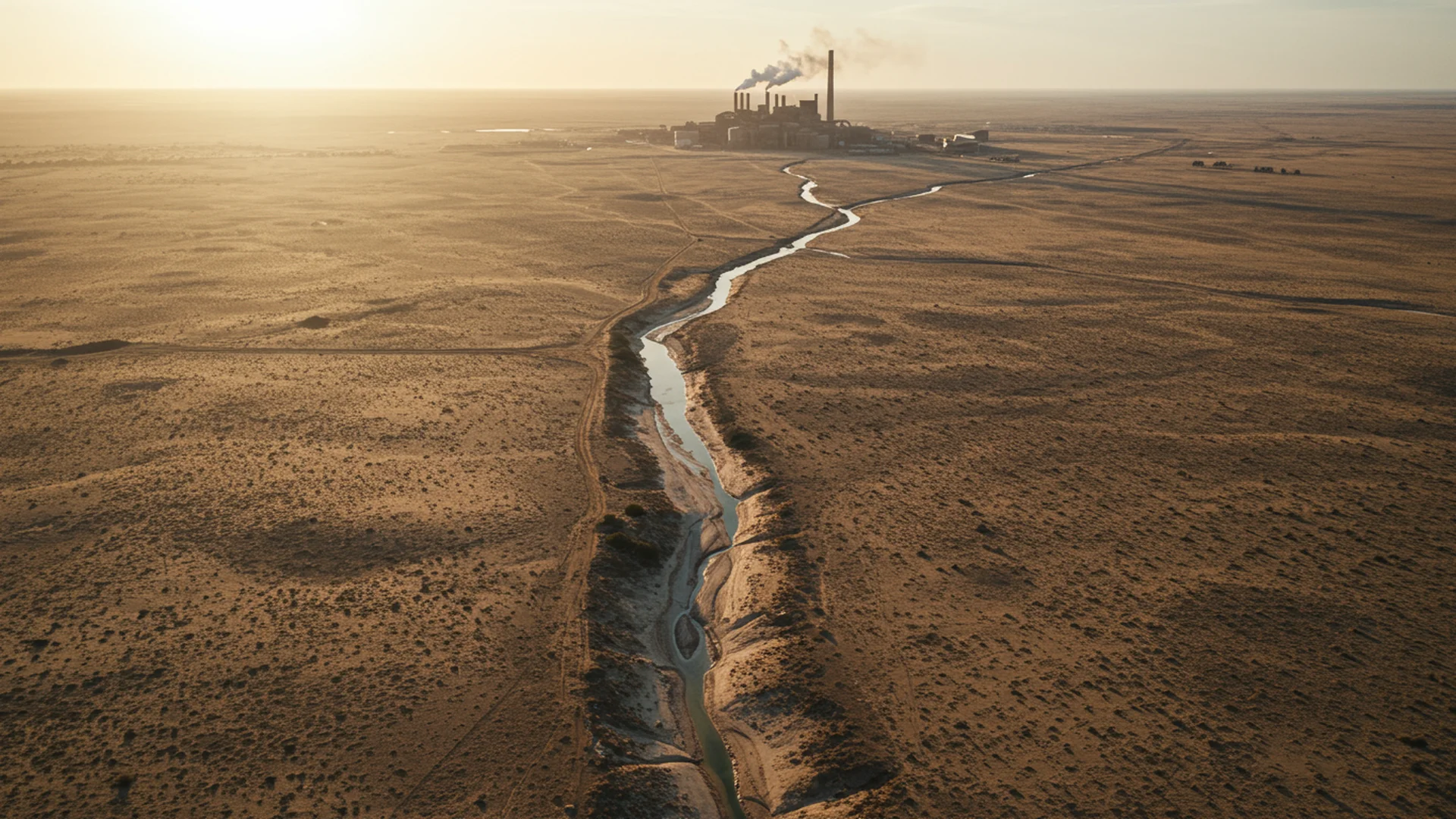 Aerial View Desert Factory River Landscape