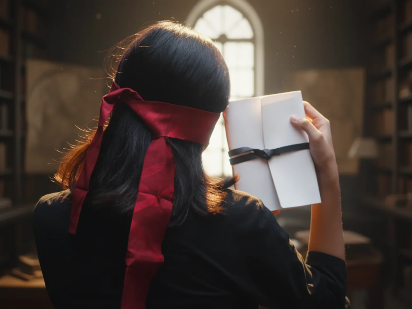 Wanita dengan mata tertutup membaca buku, sebuah gambaran konseptual tentang bagaimana hadiah yang tepat dapat membuka dunia imajinasi dan minat yang tersembunyi.
