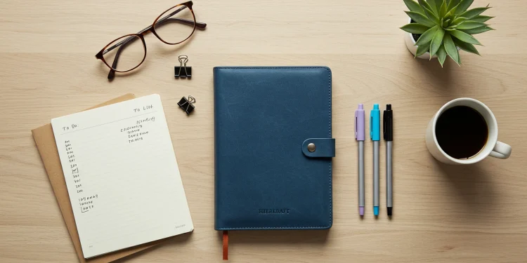 Blue Leather Notebook With Pens And Coffee