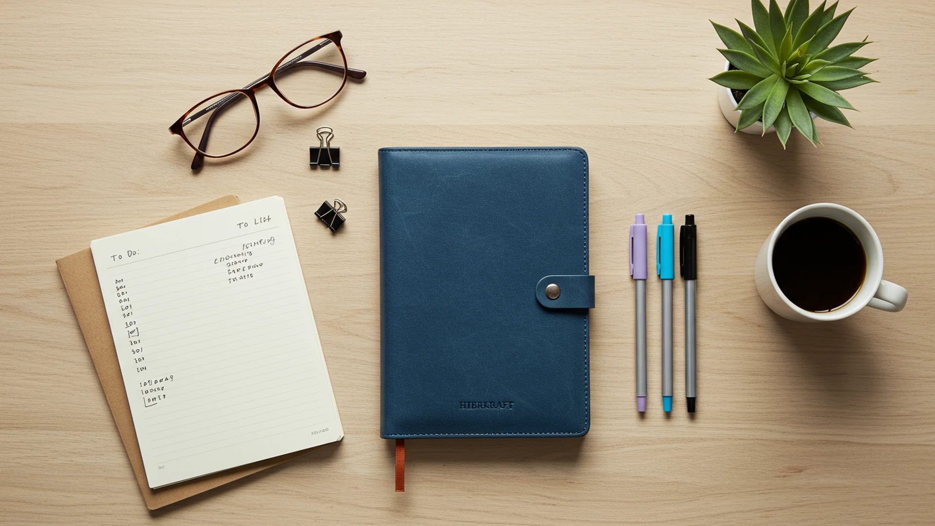 Blue Leather Notebook With Pens And Coffee