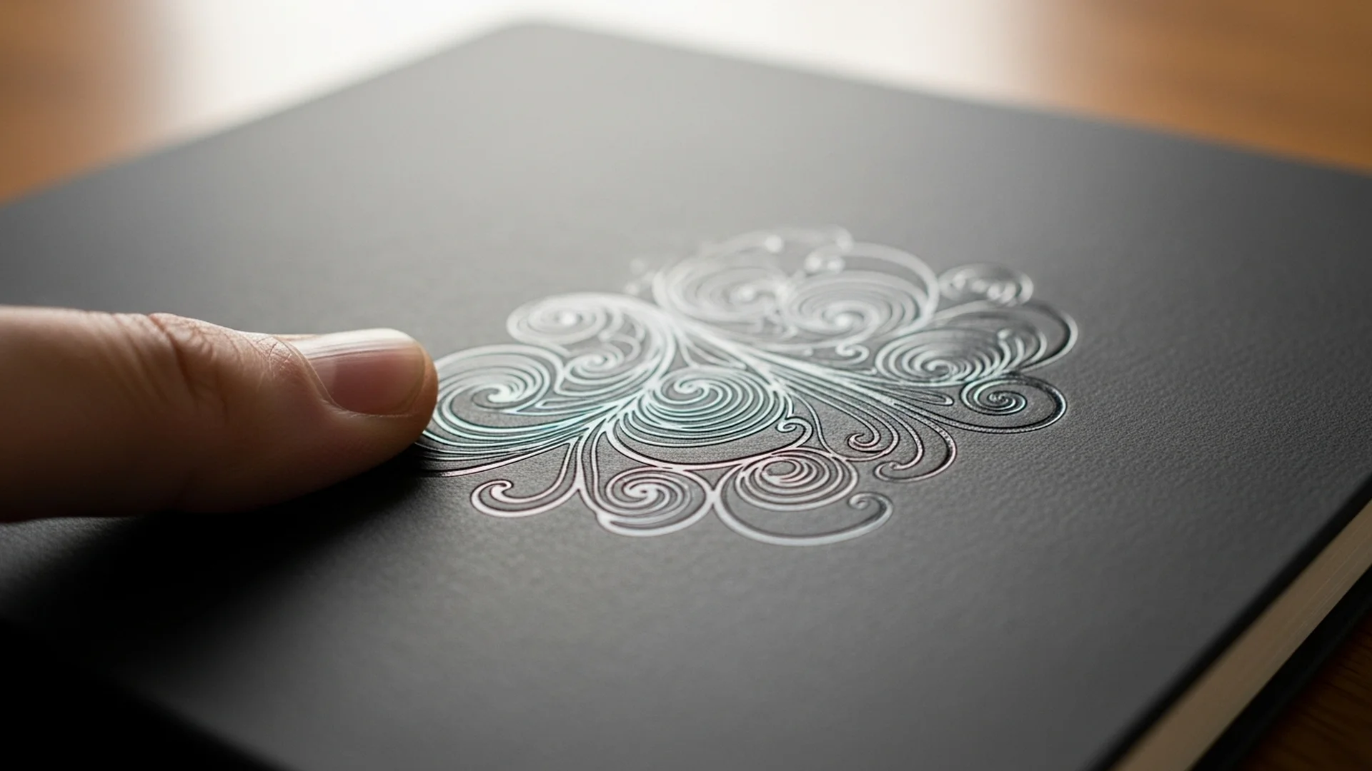 Jari menyentuh motif ukiran berulir yang dicetak foil di atas sampul buku catatan gelap