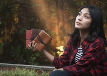 Girl Holding Journals Outdoors Dreamy Scene