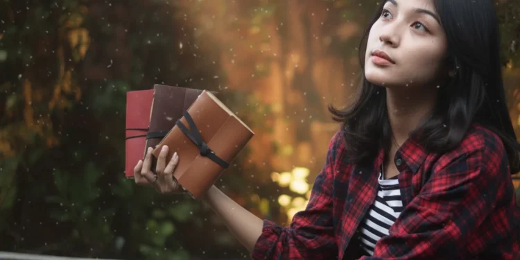 Girl Holding Journals Outdoors Dreamy Scene