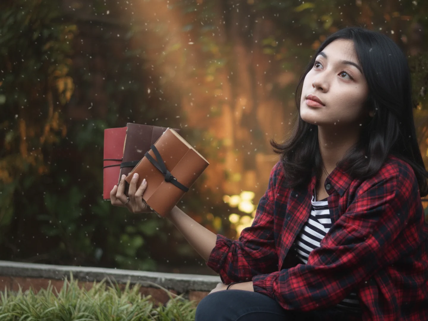 Seorang gadis memegang beberapa jurnal di luar ruangan dengan suasana melamun, menggambarkan bagaimana sebuah buku catatan dapat menjadi wadah untuk mimpi dan aspirasi yang sesuai dengan gaya hidup seseorang.