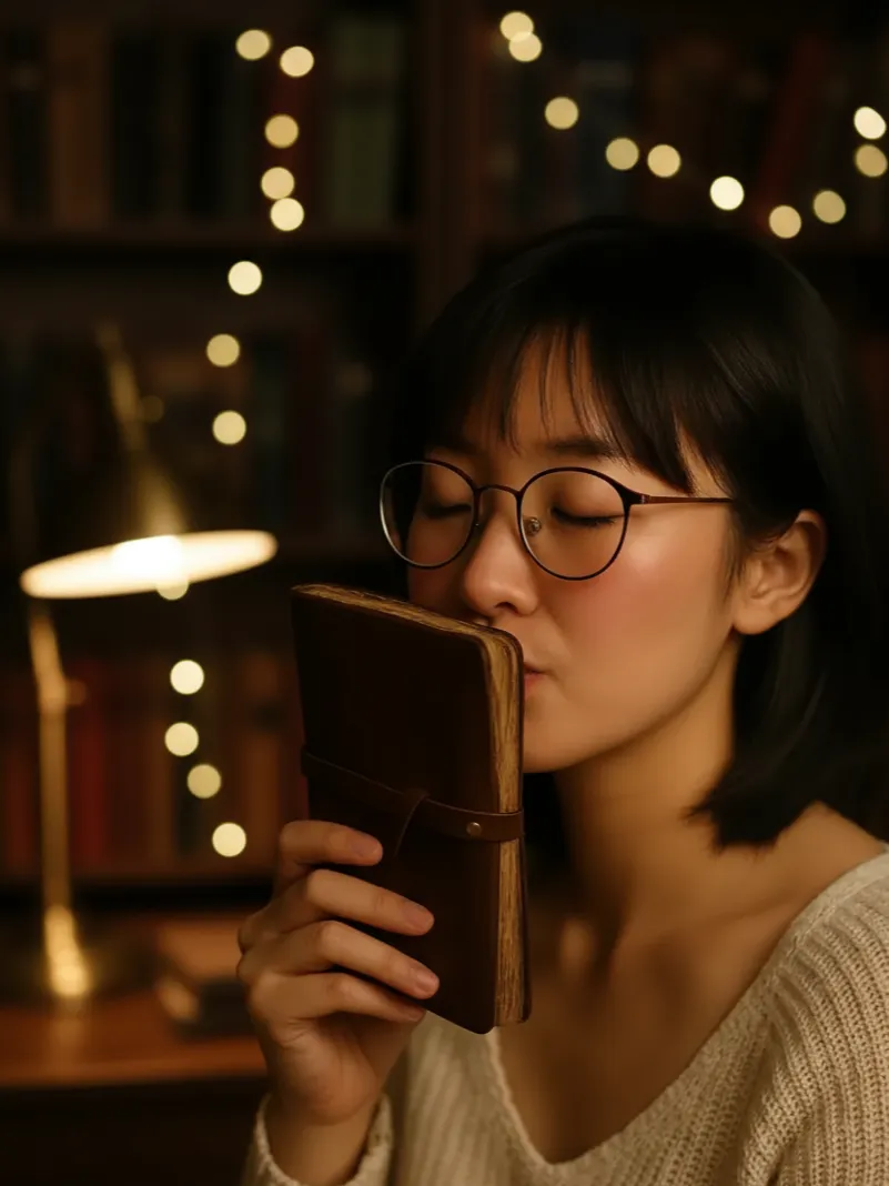 Seorang gadis mencium jurnal kulitnya di perpustakaan, menunjukkan hubungan emosional yang mendalam dan personal.