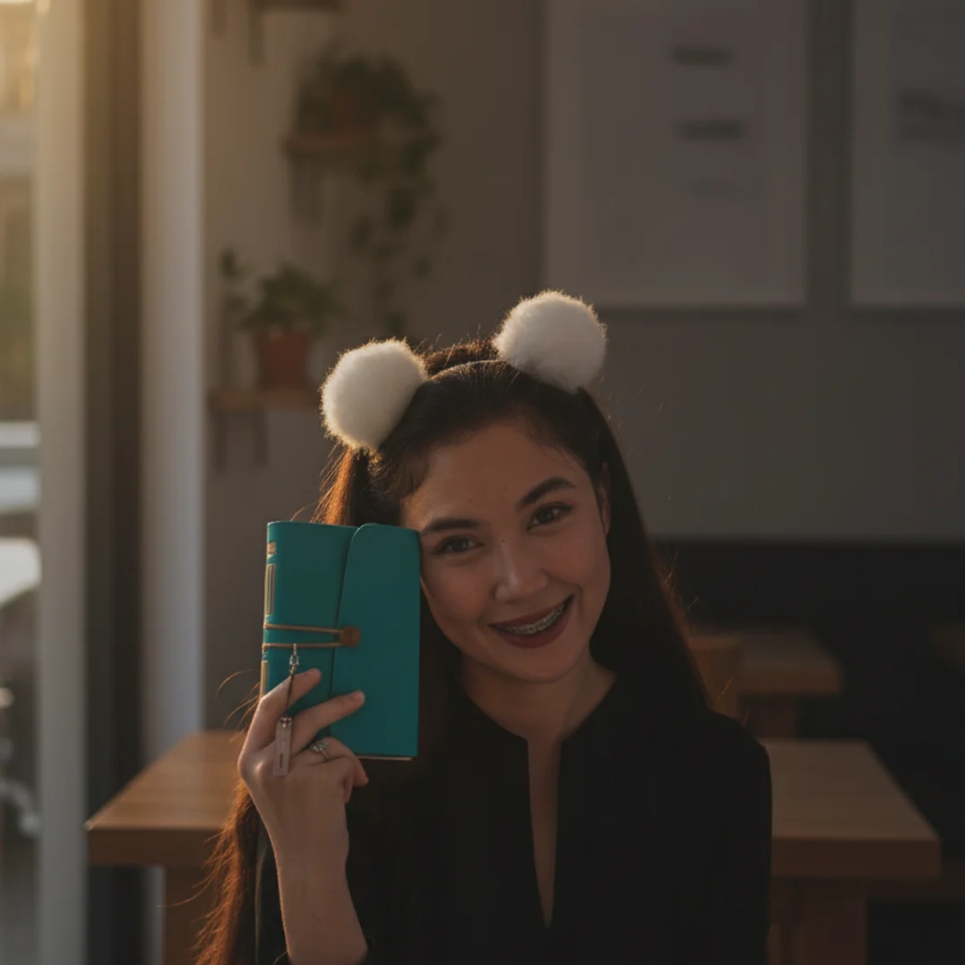Seorang gadis muda dengan earmuff memegang jurnal, melambangkan fokus dan awal baru dalam perjalanan pendidikan atau pribadi.