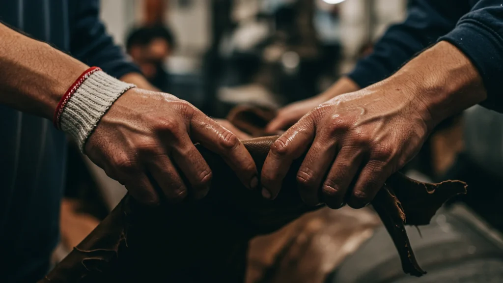 Hands Working With Leather Hide Craftmanship