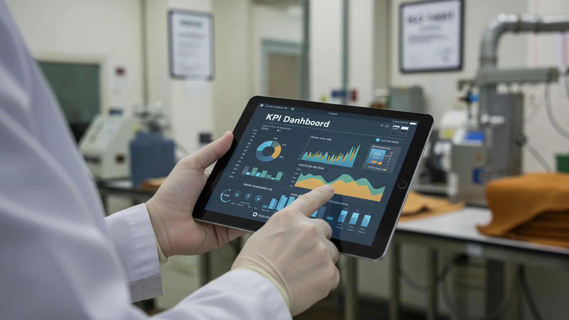Dasbor KPI lingkungan ditampilkan di tablet dengan latar belakang pabrik, menunjukkan pemantauan kinerja real-time.