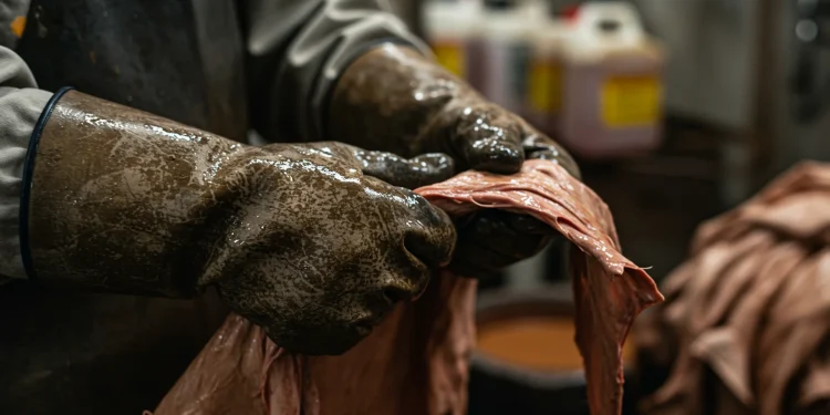 Leather Tanning Gloved Hands Wet Hide