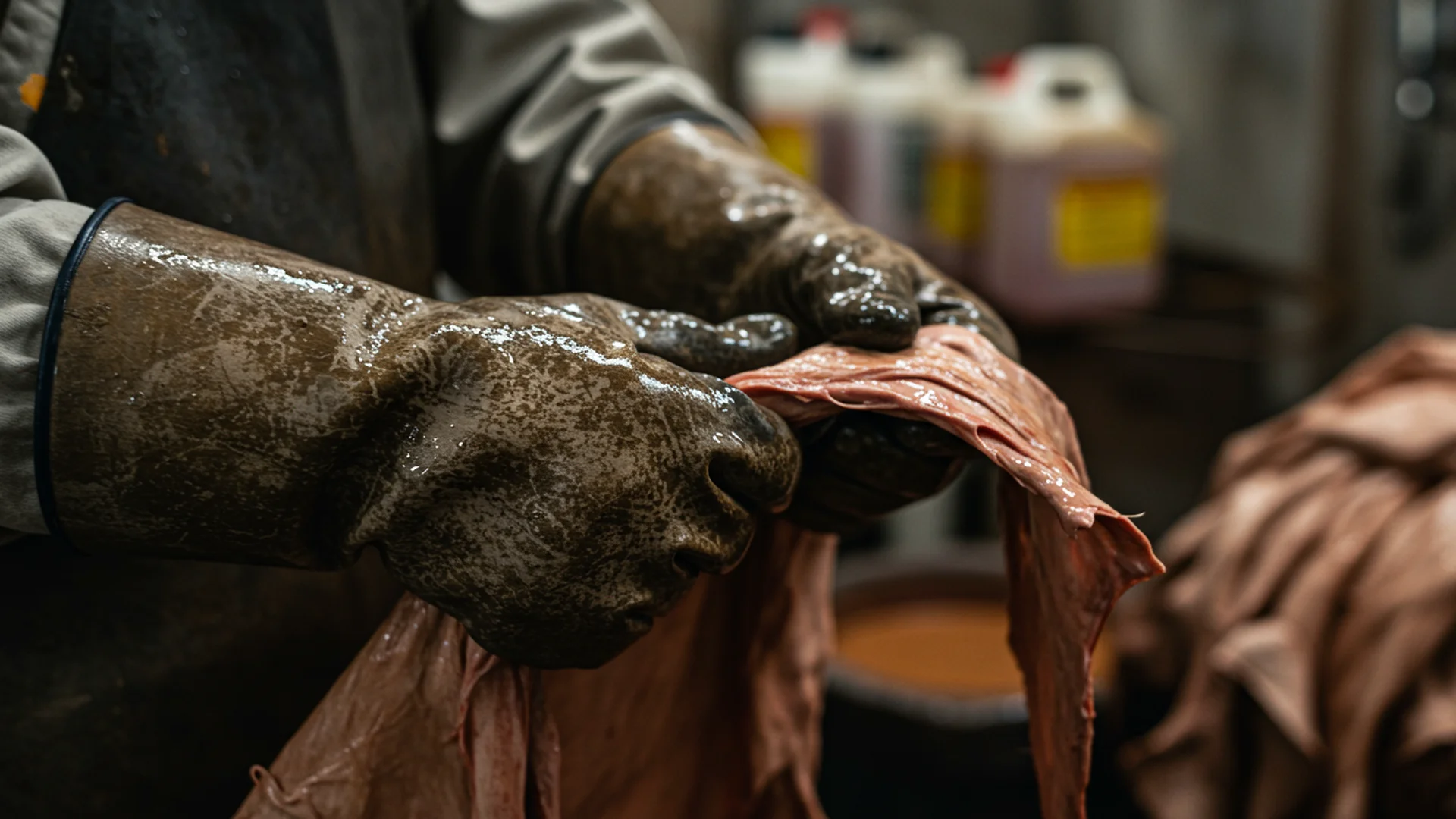 Leather Tanning Gloved Hands Wet Hide