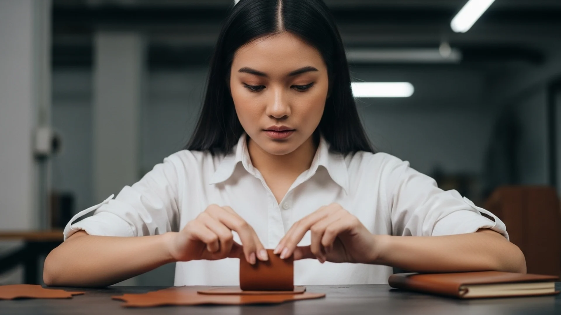 Seorang pengrajin wanita sedang bekerja dengan teliti pada sepotong kulit coklat.