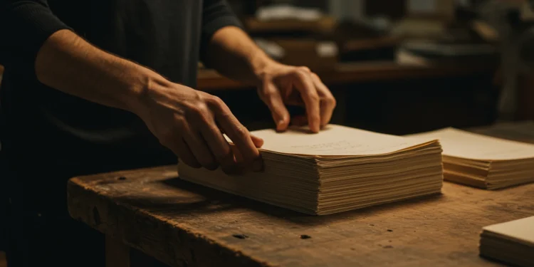 Person Handling Stack Of Paper In Workshop