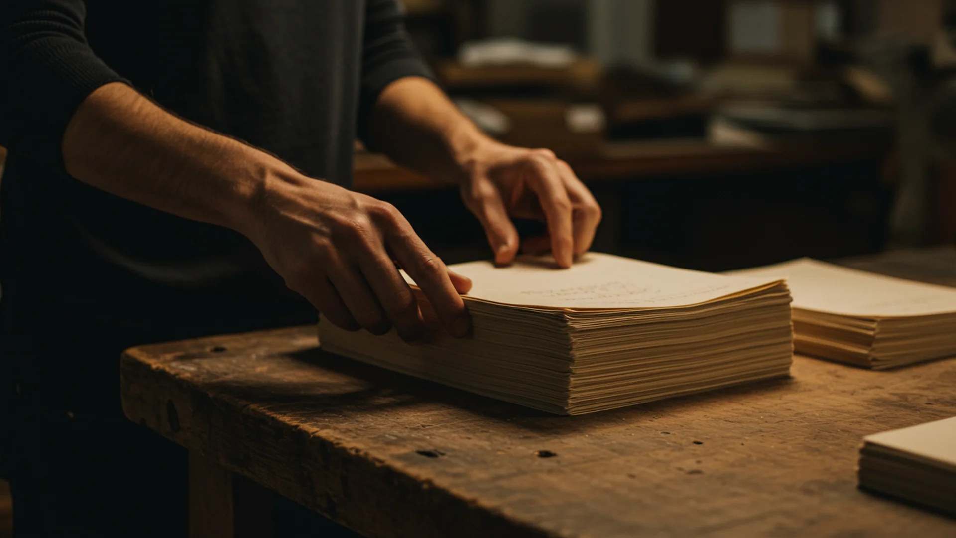 Person Handling Stack Of Paper In Workshop