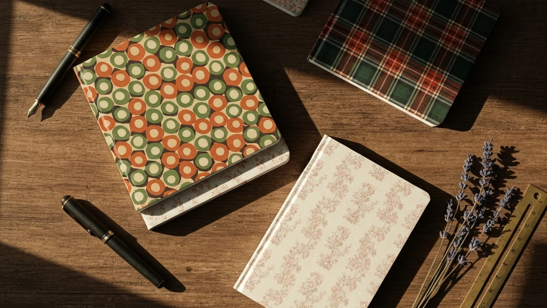 Vintage Notebooks Pens Lavender Flatlay