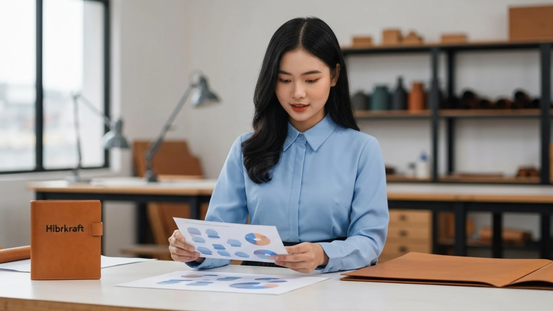 Seorang wanita menganalisis grafik di kantor, menunjukkan fokus pada data dan analisis kinerja.