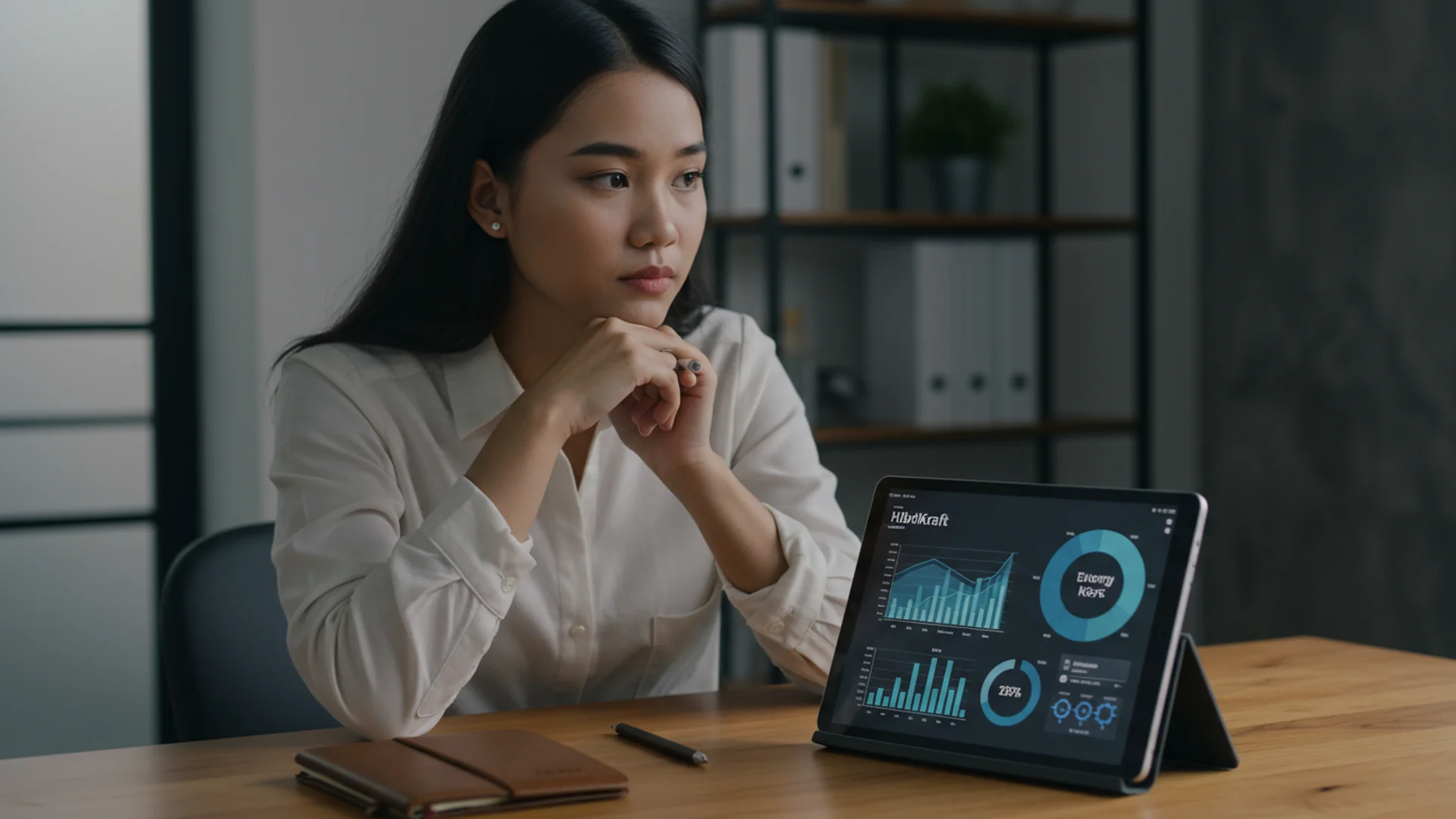 Seorang wanita sedang menganalisis grafik data pada tablet