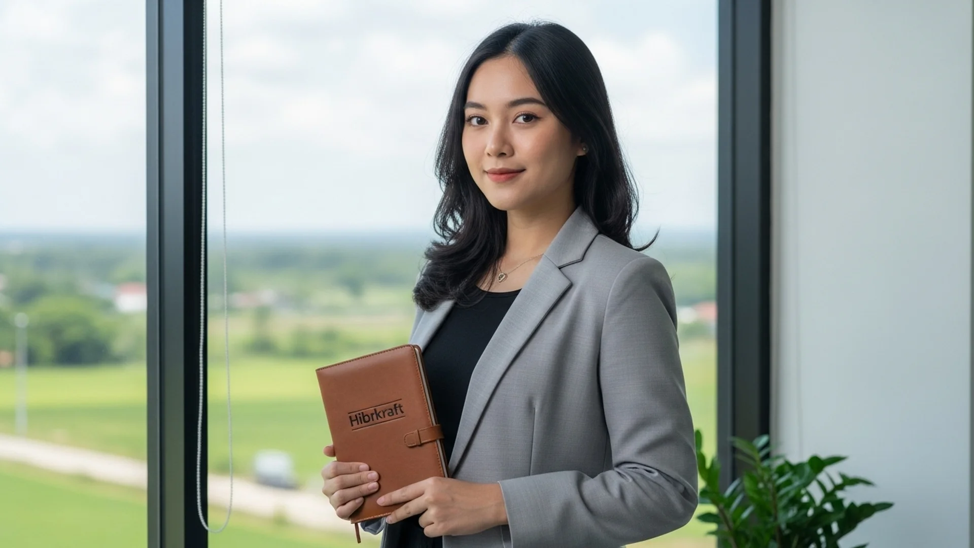 Wanita melihat keluar jendela sambil memegang jurnal bisnis kulit