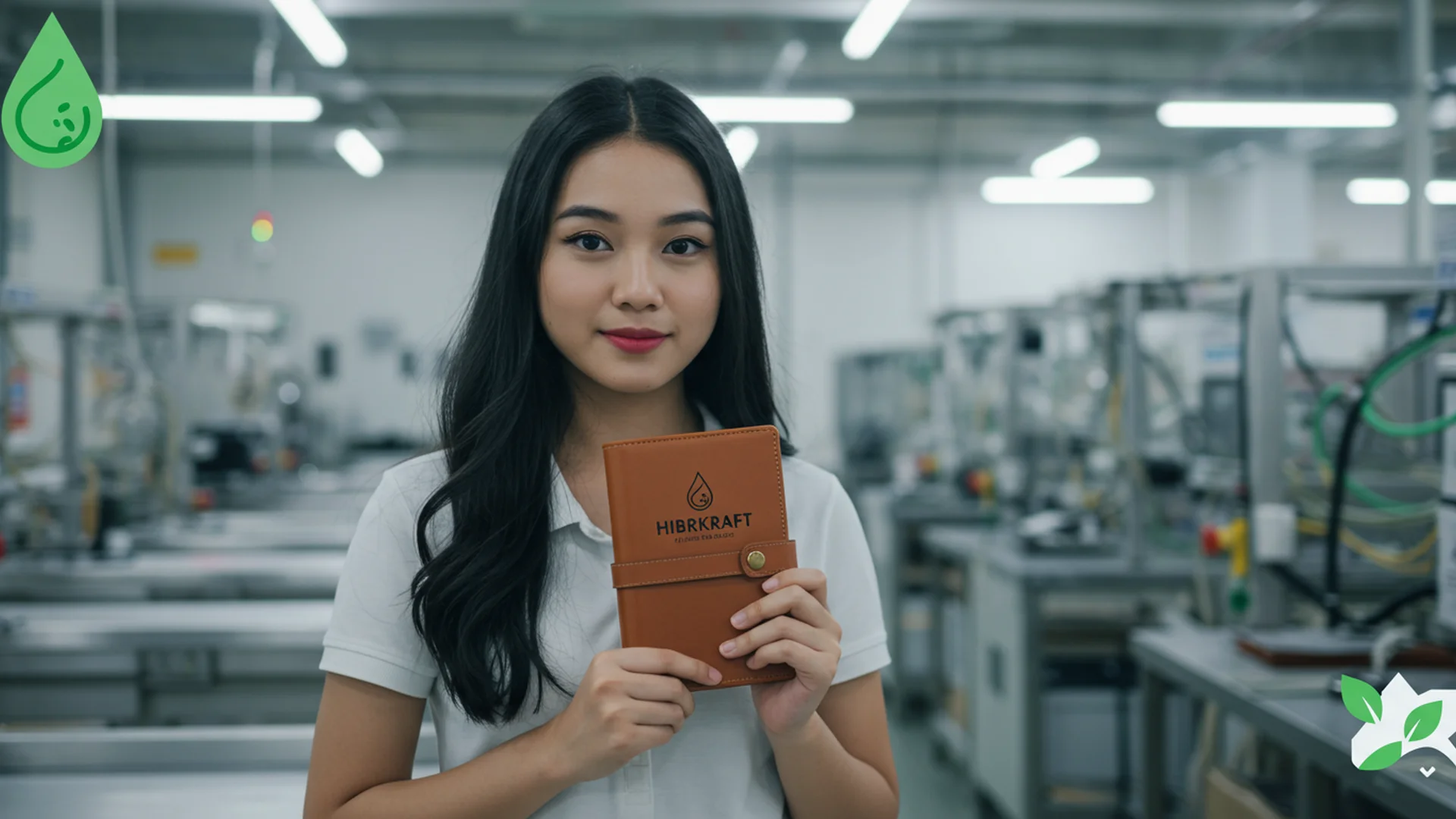 Seorang wanita di pabrik memegang buku catatan Hibrkraft