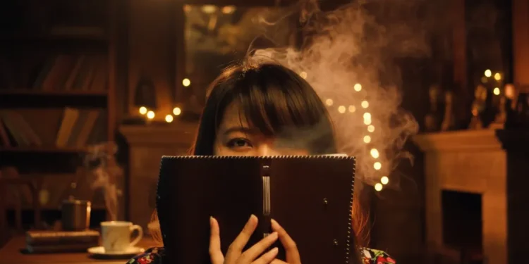 Woman Hiding Face Behind Book In Library