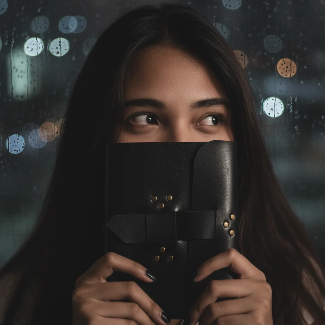Seorang wanita menutupi wajahnya dengan buku kulit di malam yang hujan, melambangkan hubungan yang privat dan misterius dengan sebuah jurnal.