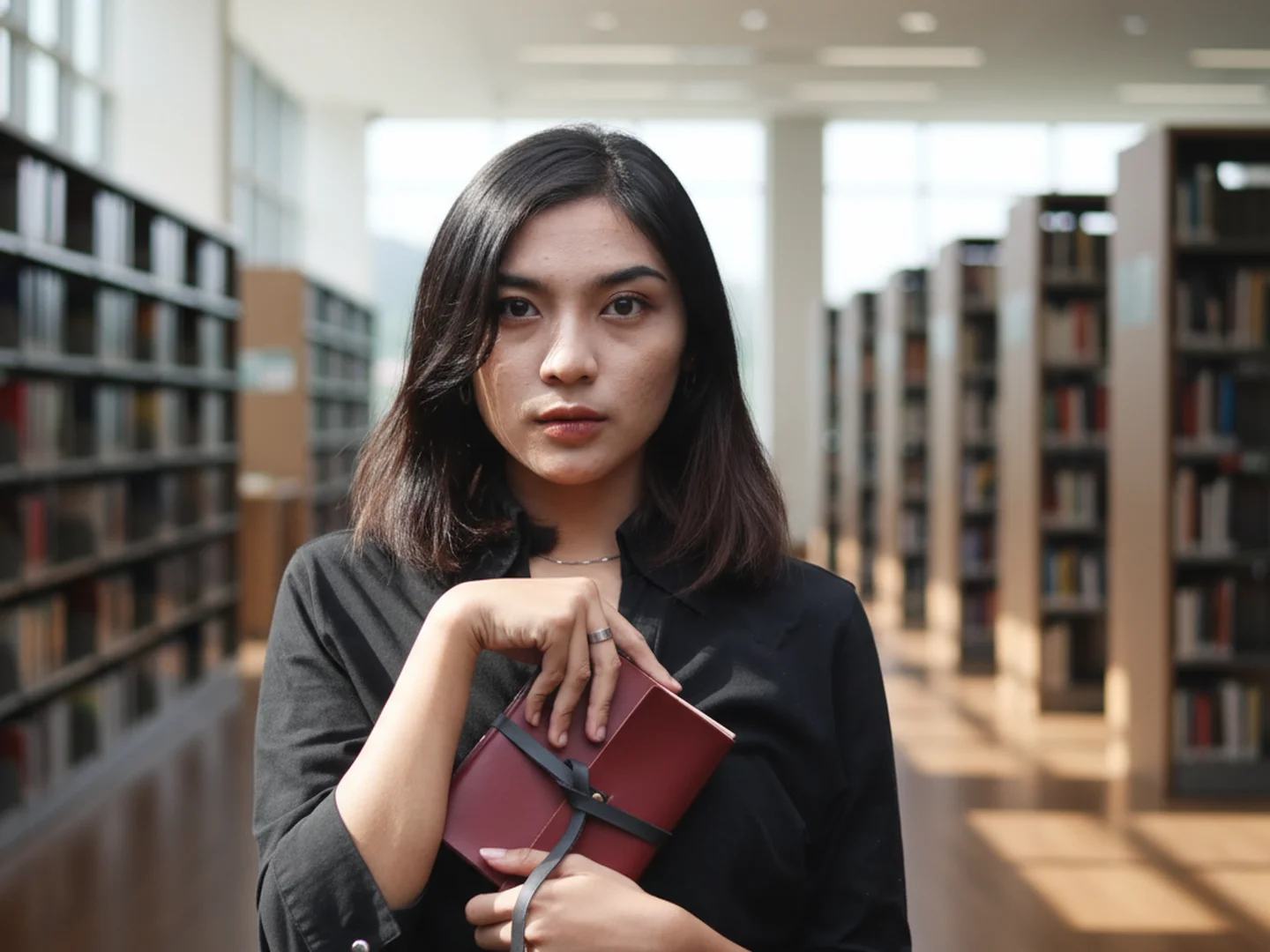 Seorang wanita memegang buku di perpustakaan, mewakili hadiah yang disesuaikan dengan hobi intelektual dan kecintaan pada pengetahuan.