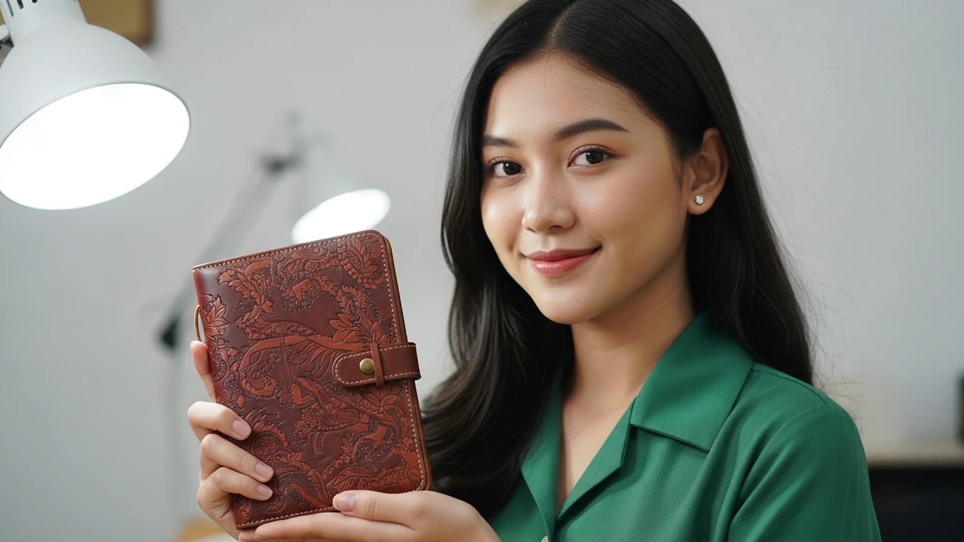 Wanita memegang buku catatan kulit cokelat yang tampak elegan.