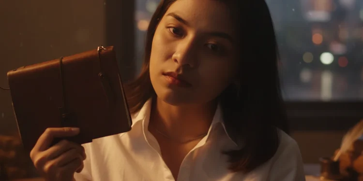 Woman Holding Leather Journal Night Window