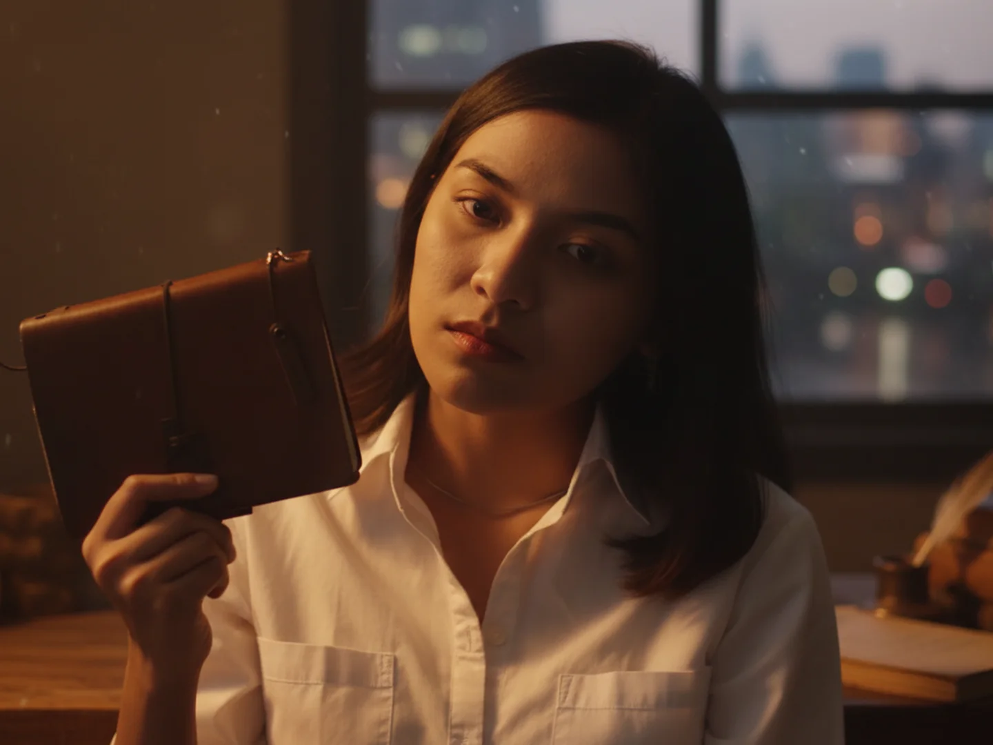 Woman Holding Leather Journal Night Window