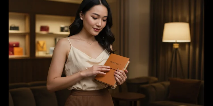 Woman Holding Leather Notebook Store