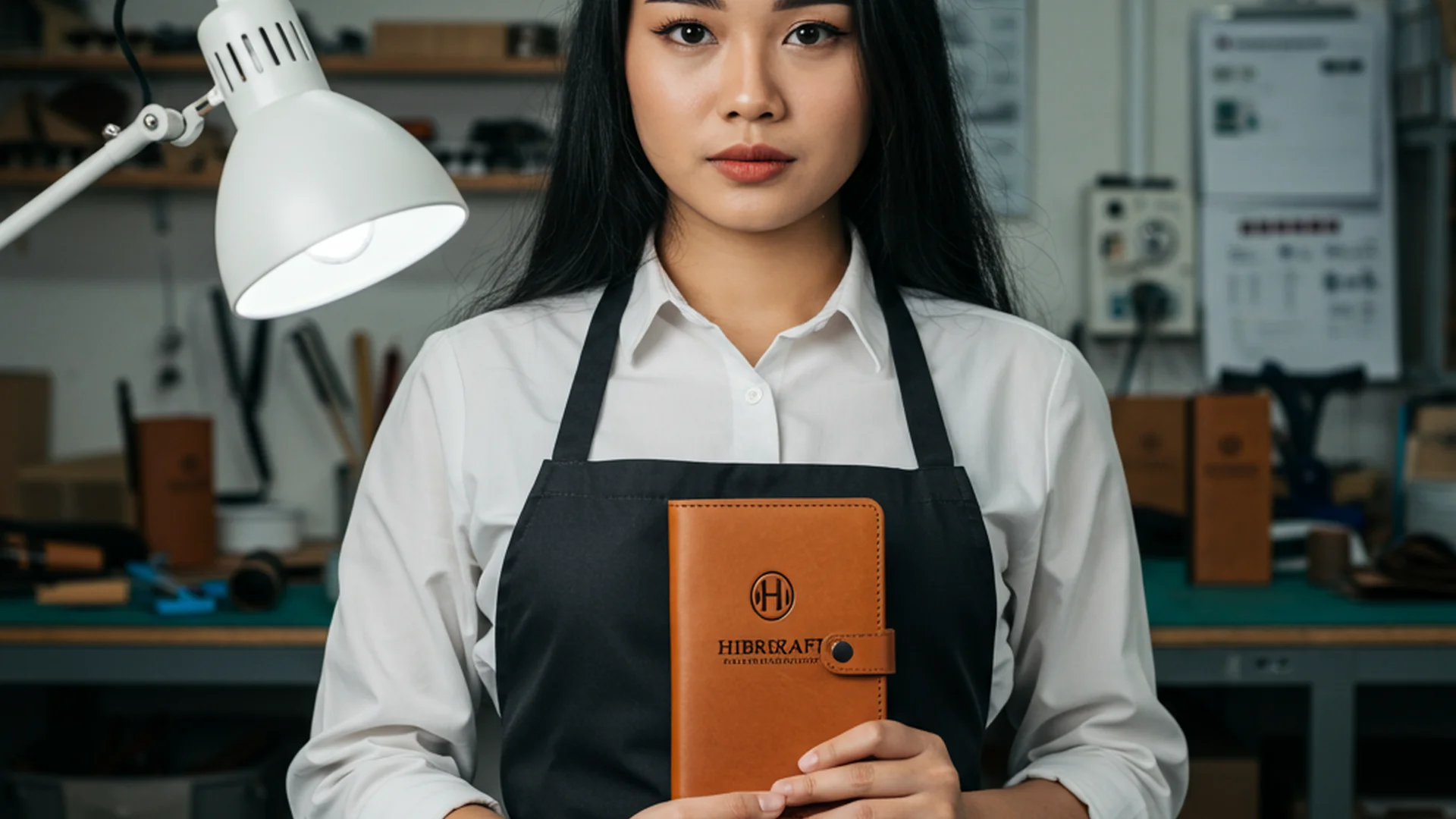 Pengrajin wanita memegang buku catatan kulit di bengkel kerja