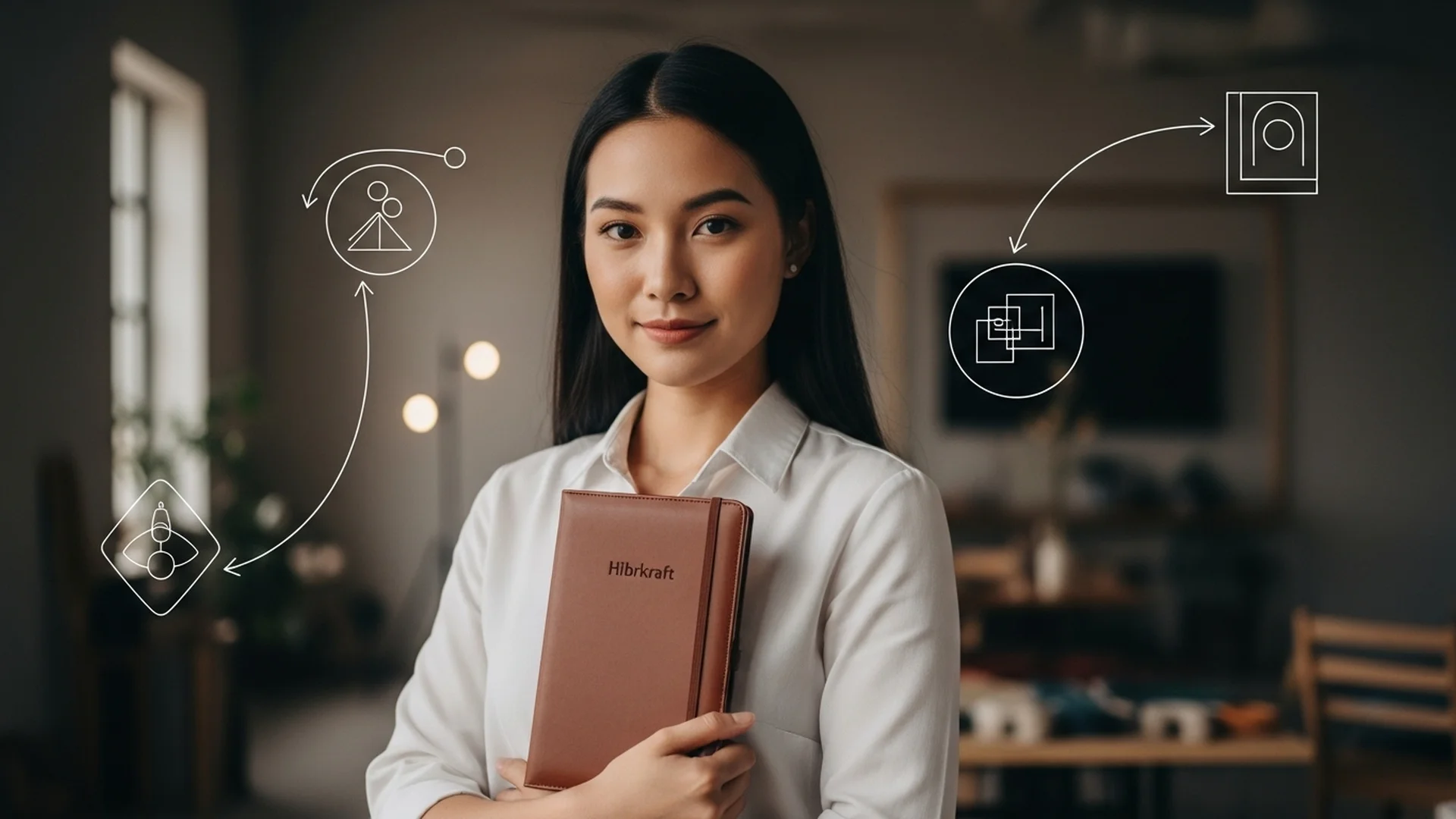 Seorang wanita memegang buku catatan kulit saat sedang dalam proses desain.